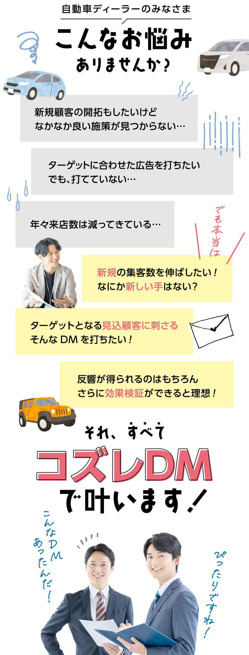 自動車ディーラーのみなさま こんなお悩みありませんか？「新規顧客の開拓もしたいけどなかなか良い施策が見つからない…」「ターゲットに合わせた広告を打ちたい、でも、打てていない…」「年々集客は減ってきている…」でも本当は「新規の集客数を伸ばしたい！なにか新しい手はない？」「反響が得られるのはもちろんさらに効果検証ができると理想！」「ターゲットとなる見込顧客に刺さるそんなDMを打ちたい！」それ、すべてコズレDMで叶います！